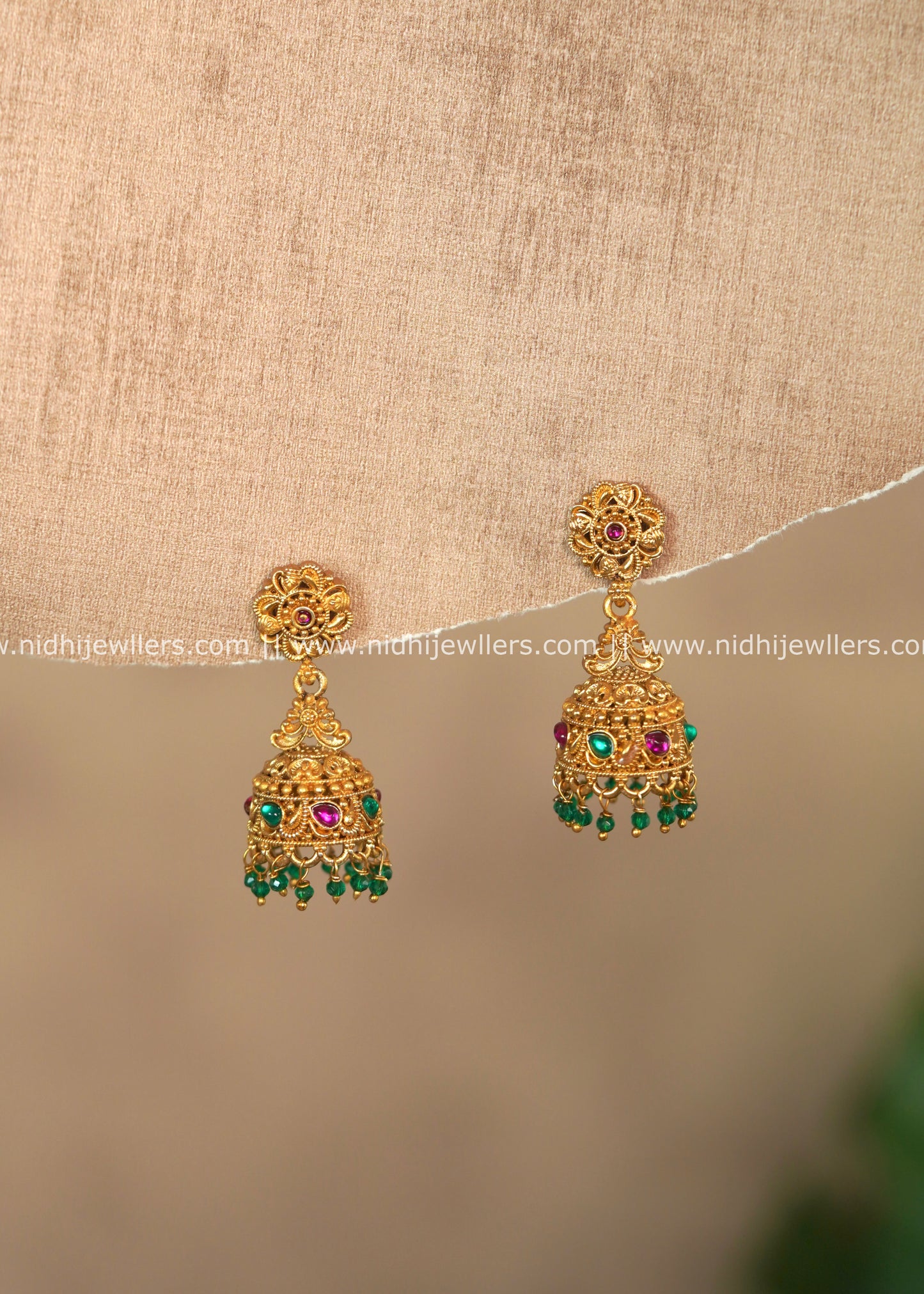 Floral Floral Kemp Jhumka Earrings with Green Bead Drops – Devina