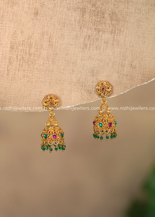 Floral Floral Kemp Jhumka Earrings with Green Bead Drops – Devina