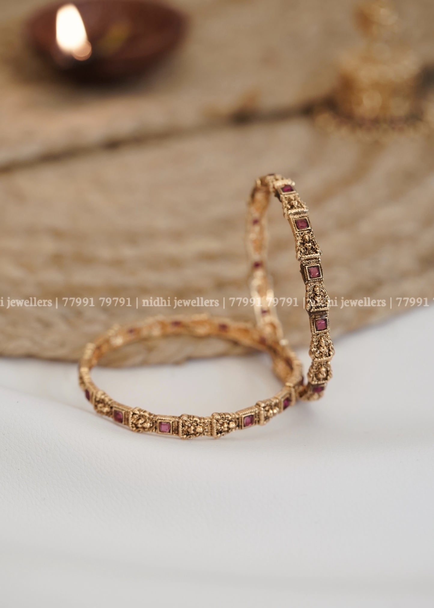Affordable Antique Lakshmi Temple Bangles with Ruby Accents (Pair)
