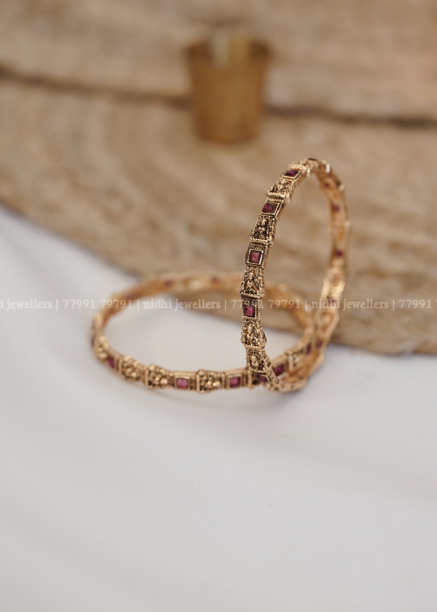Affordable Antique Lakshmi Temple Bangles with Ruby Accents (Pair)