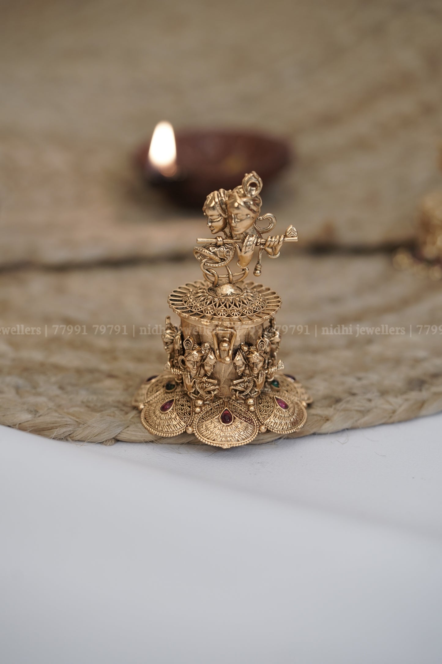 Antique Radha Krishna Kumkum Box with Ruby & Emerald Accents