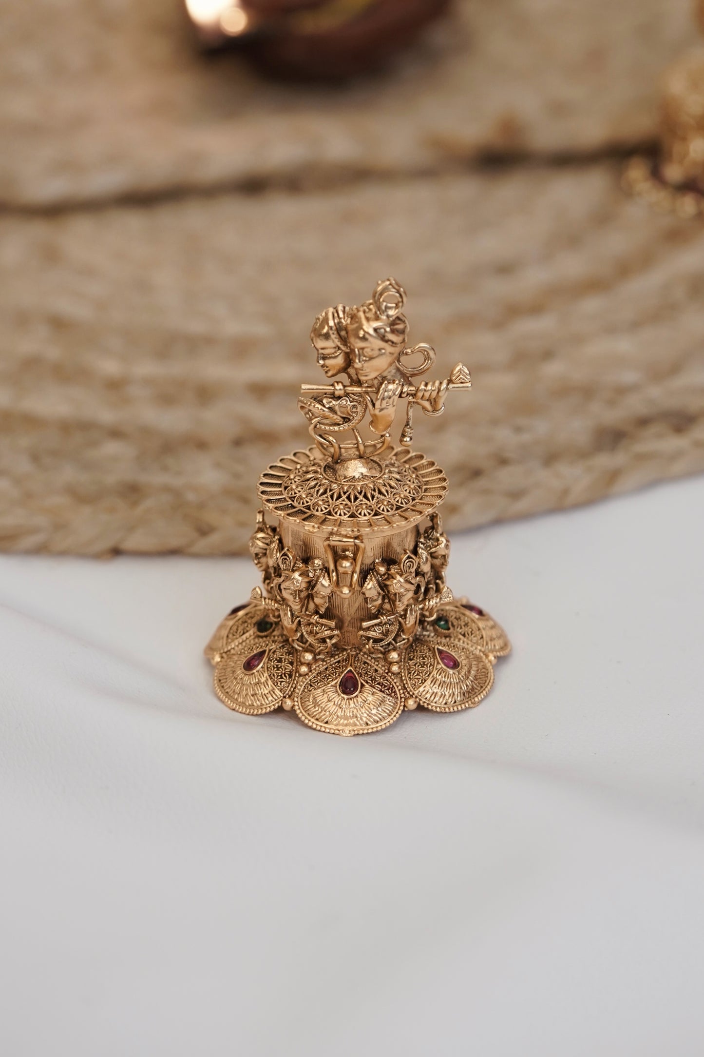 Antique Radha Krishna Kumkum Box with Ruby & Emerald Accents