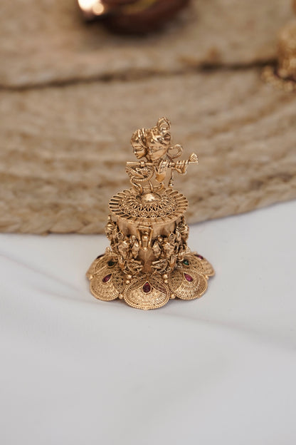 Antique Radha Krishna Kumkum Box with Ruby & Emerald Accents