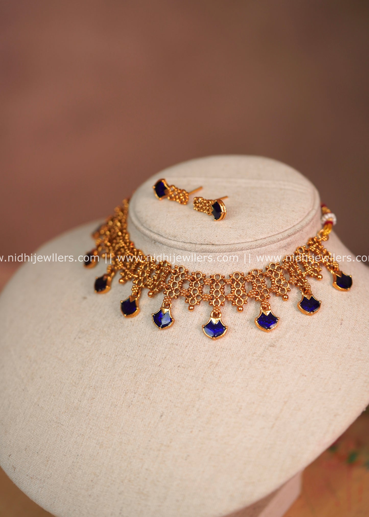 Royal Blue Enamel Mesh Choker Set with Matching Earrings – Malika