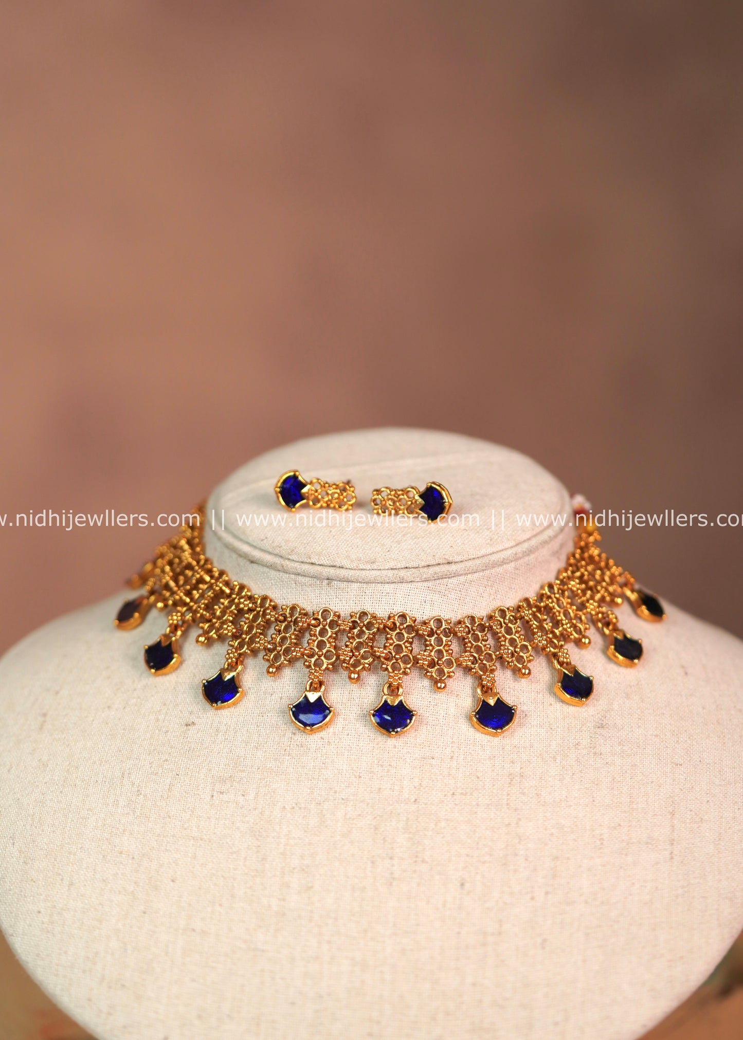 Royal Blue Enamel Mesh Choker Set with Matching Earrings – Malika