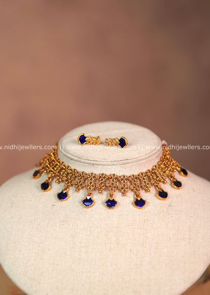 Royal Blue Enamel Mesh Choker Set with Matching Earrings – Malika