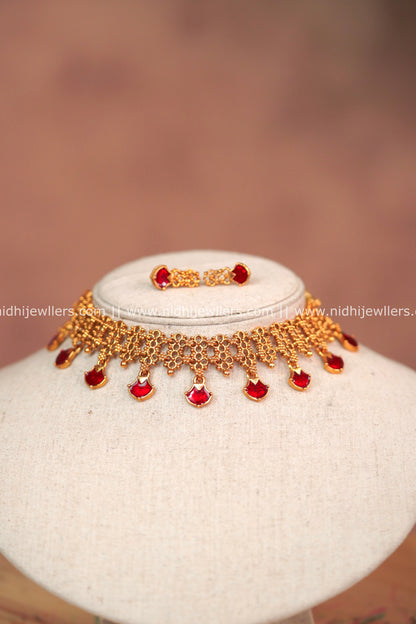 Red Enamel Mesh Choker Set with Matching Earrings – Malika