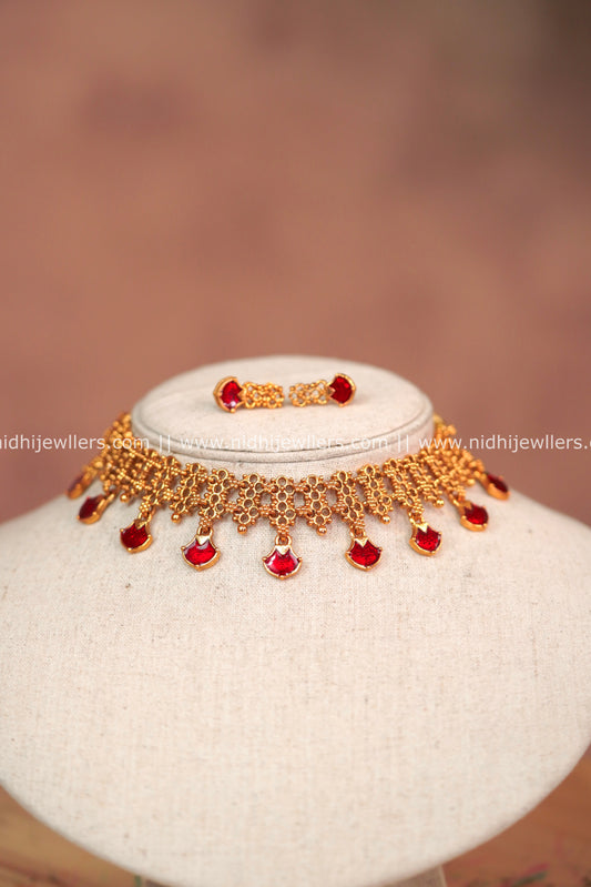 Red Enamel Mesh Choker Set with Matching Earrings – Malika