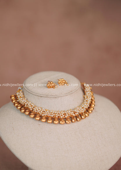 Pearl Woven Choker Set with Antique Coin Drops & Matching Earrings – Perle