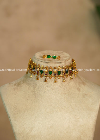 Green Elakkathali Enamel Choker Set with Matching Earrings – Anuradha