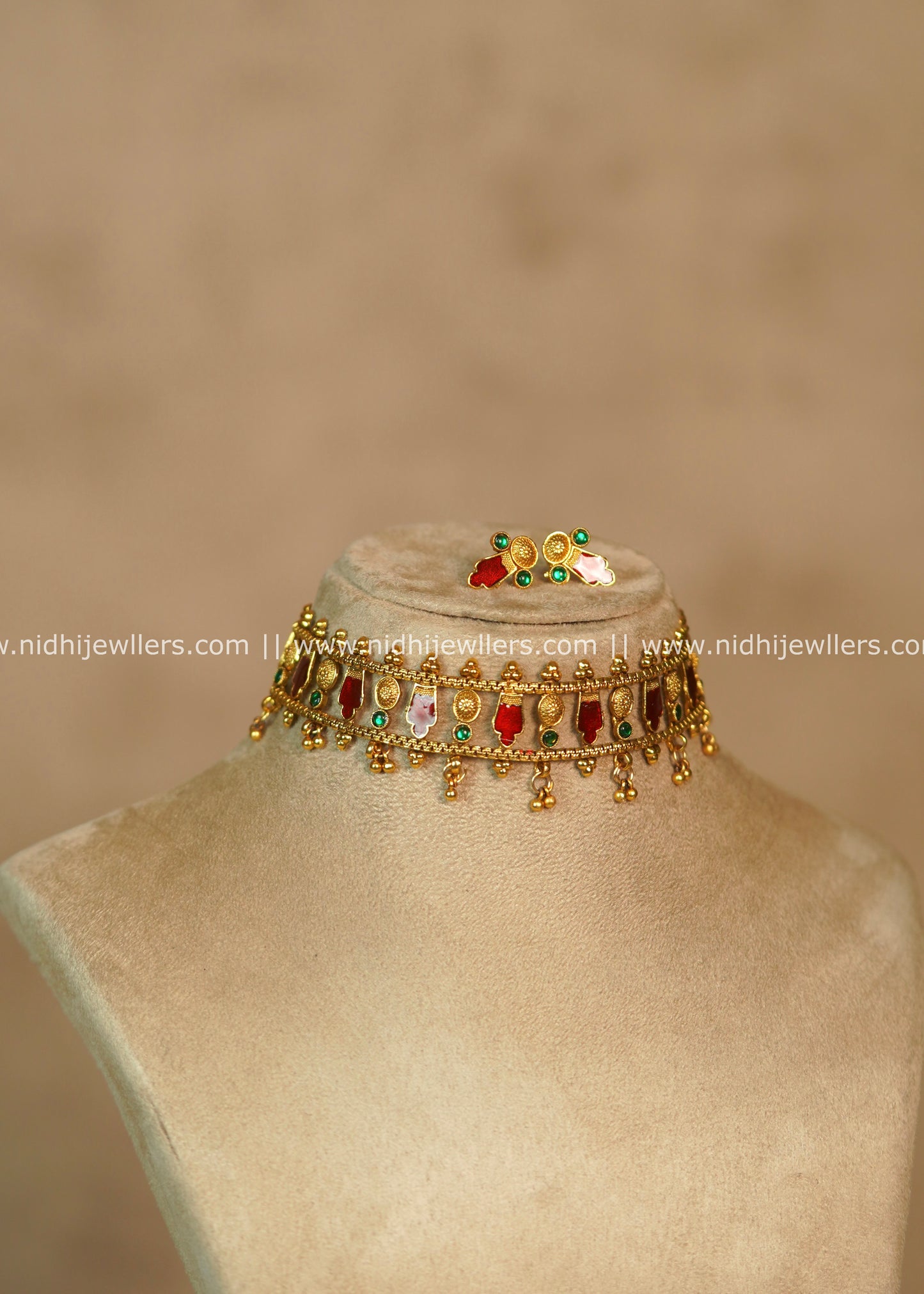 Red Elakkathali Enamel Choker Set with Matching Earrings – Anuradha