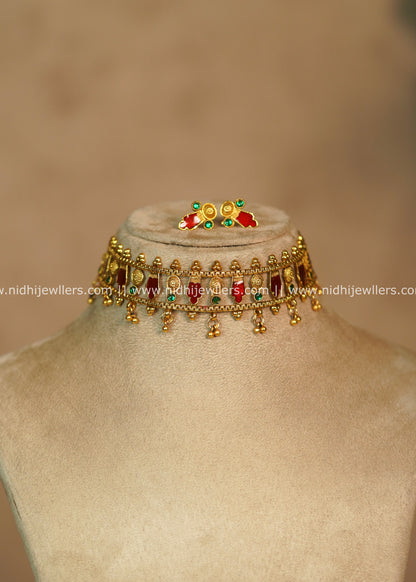 Red Elakkathali Enamel Choker Set with Matching Earrings – Anuradha