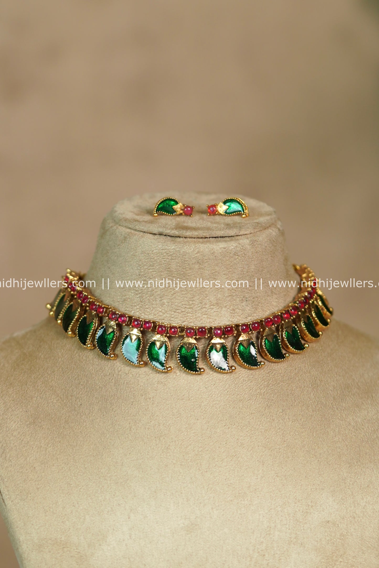Traditional Green Palakka Enamel Choker Set with Matching Earrings – Medha