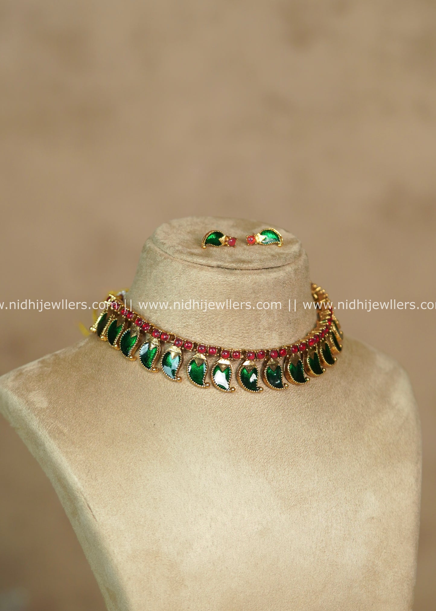 Traditional Green Palakka Enamel Choker Set with Matching Earrings – Medha