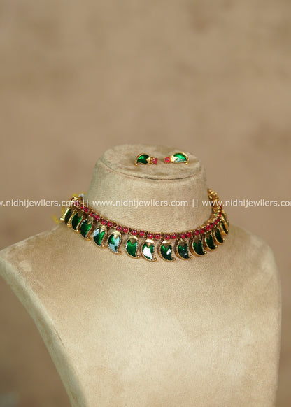 Traditional Green Palakka Enamel Choker Set with Matching Earrings – Medha