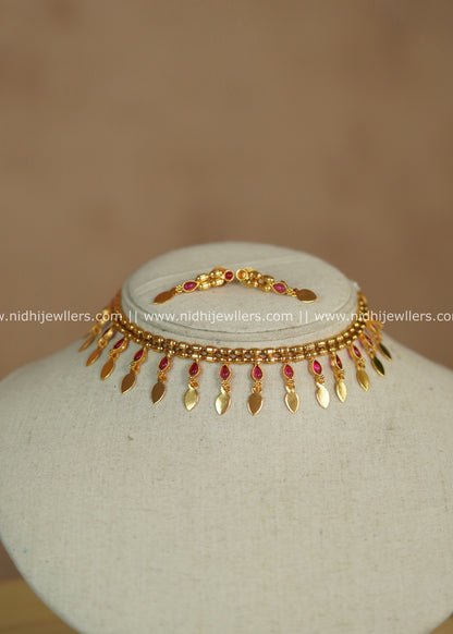Affordable Ruby Kemp Leaf Elakkathali Choker Set with Matching Earrings – Pavana