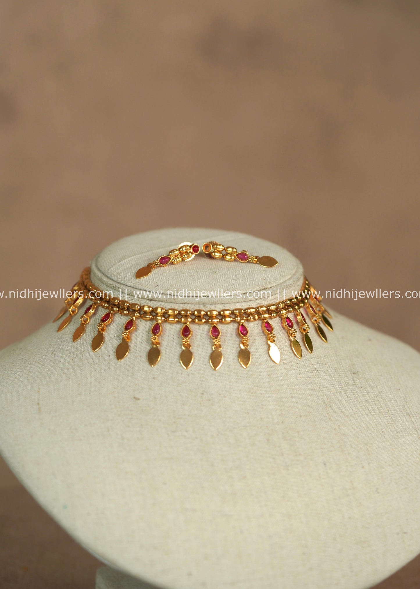 Affordable Ruby Kemp Leaf Elakkathali Choker Set with Matching Earrings – Pavana