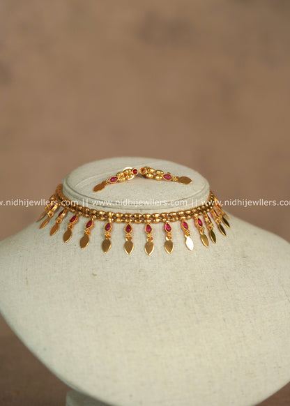 Affordable Ruby Kemp Leaf Elakkathali Choker Set with Matching Earrings – Pavana
