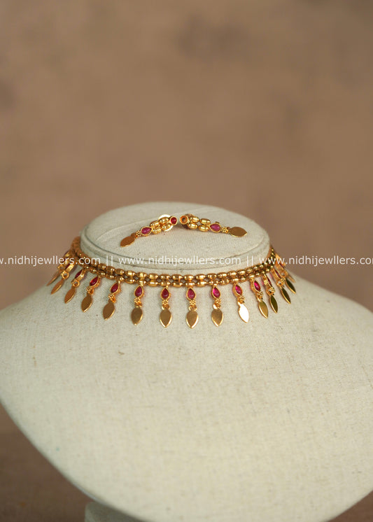 Affordable Ruby Kemp Leaf Elakkathali Choker Set with Matching Earrings – Pavana