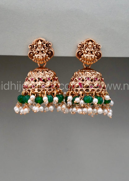 Lakshmi Jhumka with green and white beads