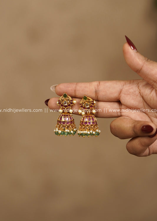 Kemp Stone & Emerald Bead Studded Jhumka Earrings – Subhadra