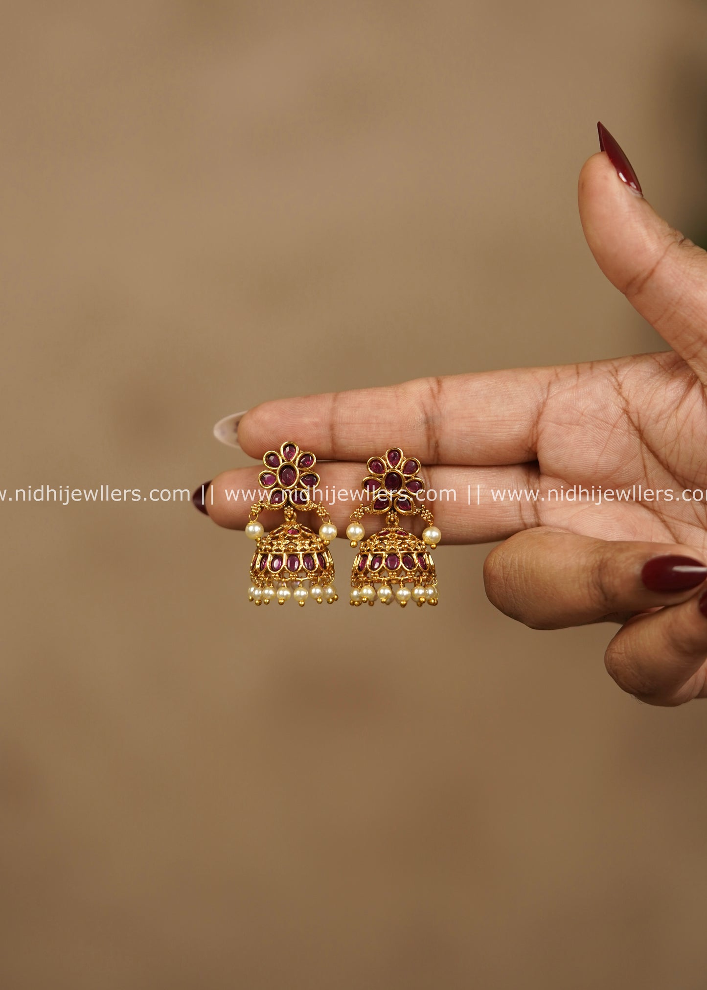 Floral Ruby Kemp Jhumka Earrings with Pearl Drops – Rohini