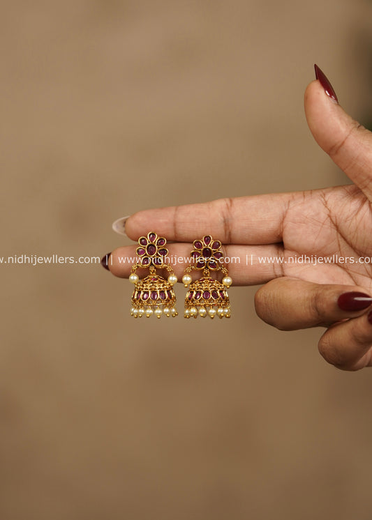 Floral Ruby Kemp Jhumka Earrings with Pearl Drops – Rohini