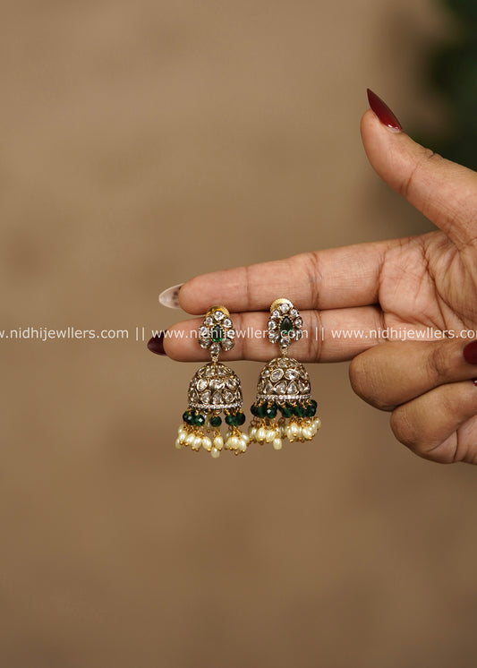 Uncut Polki & Emerald Bead Jhumka Earrings with Pearl Drops – Shashi