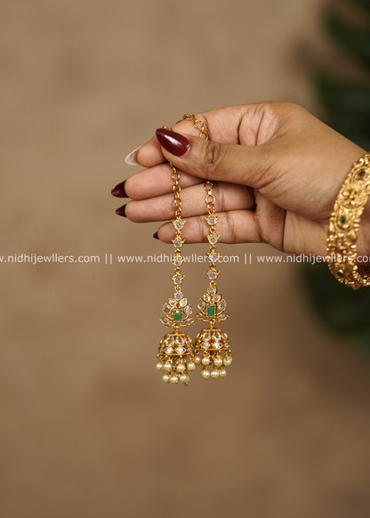 Lotus Uncut Polki & Emerald Stone Mattilu Jhumka Earrings with Pearl Drops – Mridula