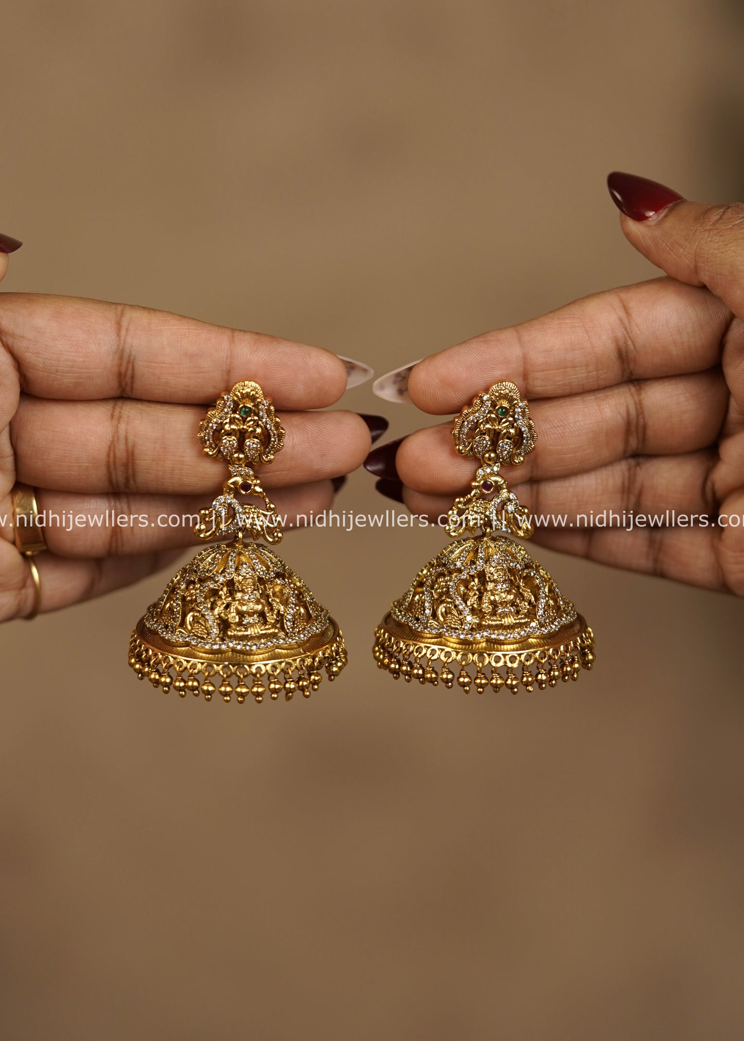Grand Antique Goddess Lakshmi & Peacock Bridal Jhumka Earrings with Gold Ghungroos – Shubha