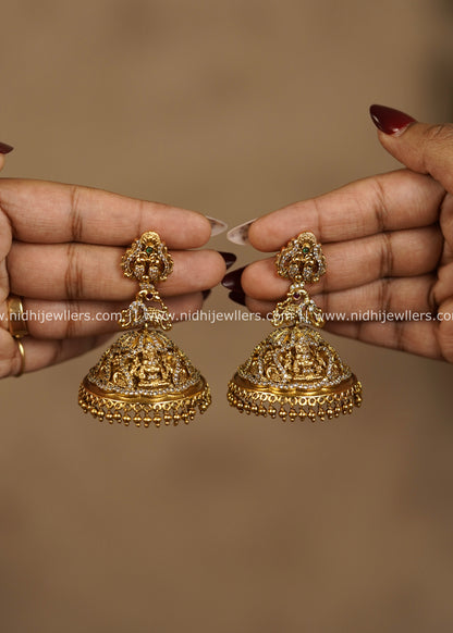 Grand Antique Goddess Lakshmi & Peacock Bridal Jhumka Earrings with Gold Ghungroos – Shubha