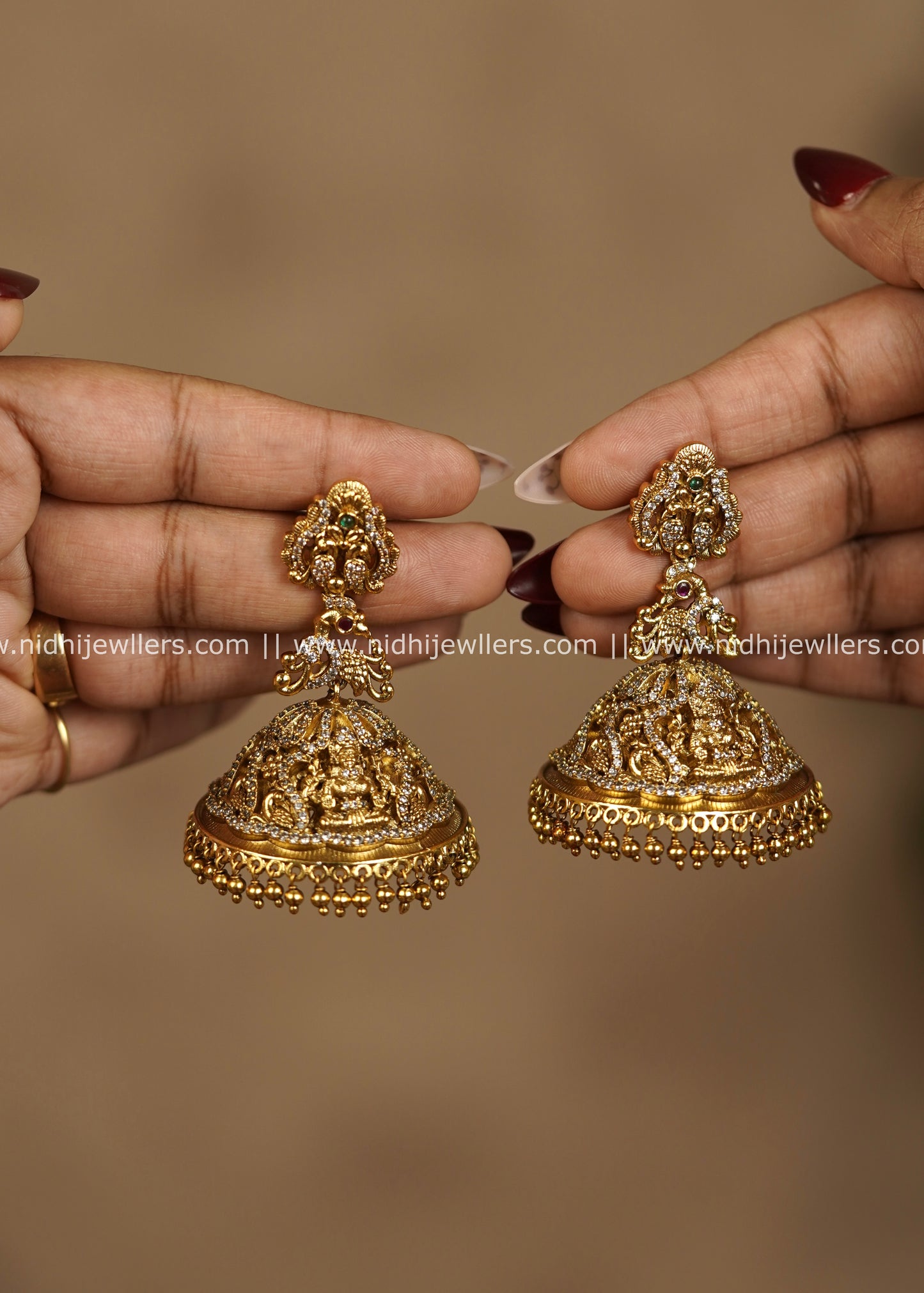 Grand Antique Goddess Lakshmi & Peacock Bridal Jhumka Earrings with Gold Ghungroos – Shubha