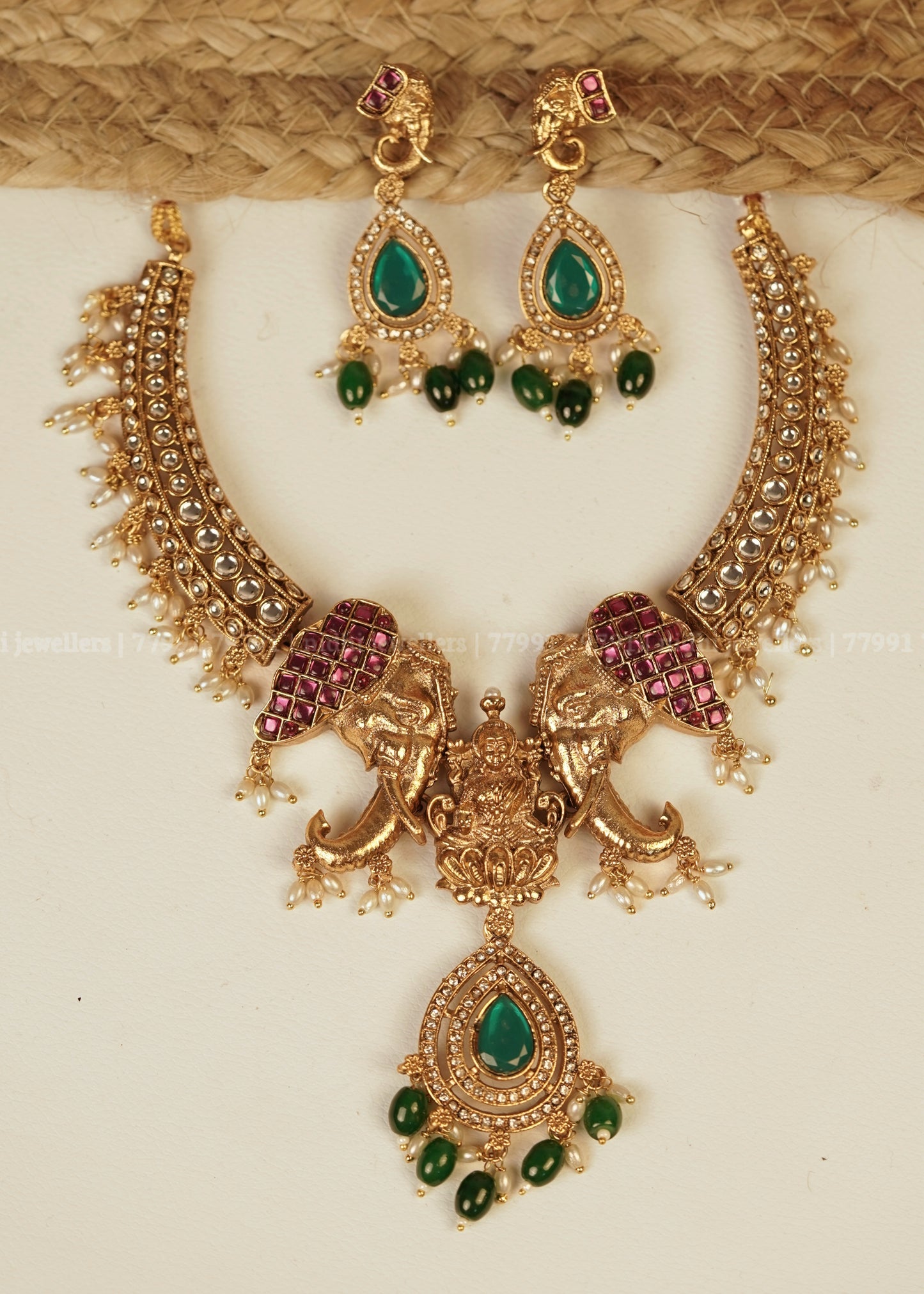 Antique Elephant Lakshmi Hasli Necklace Set