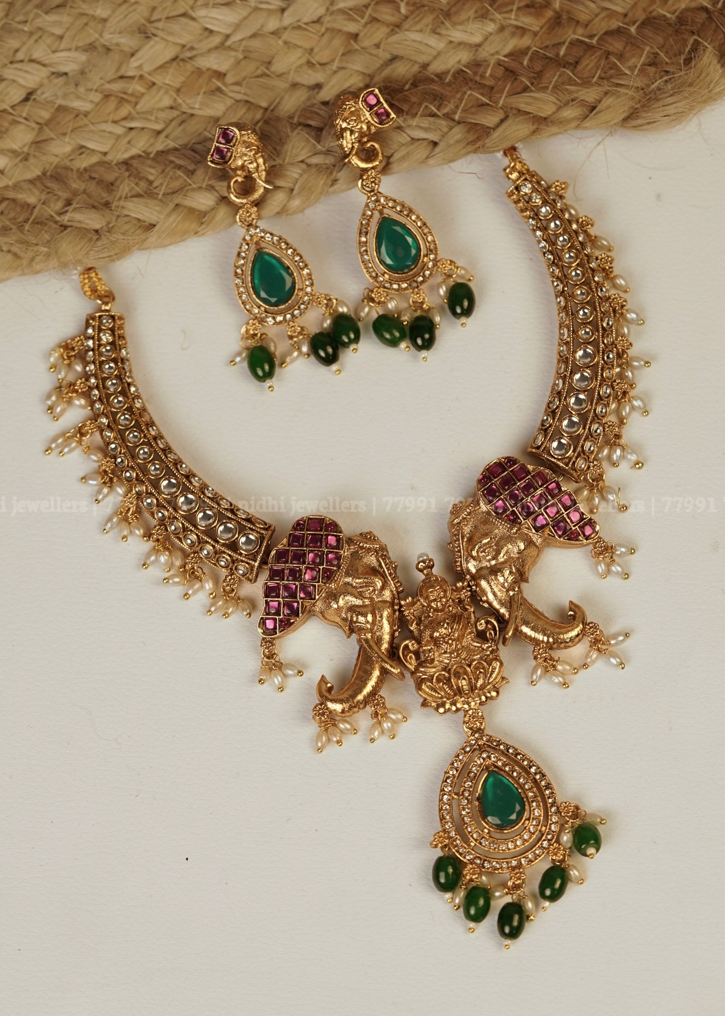 Antique Elephant Lakshmi Hasli Necklace Set