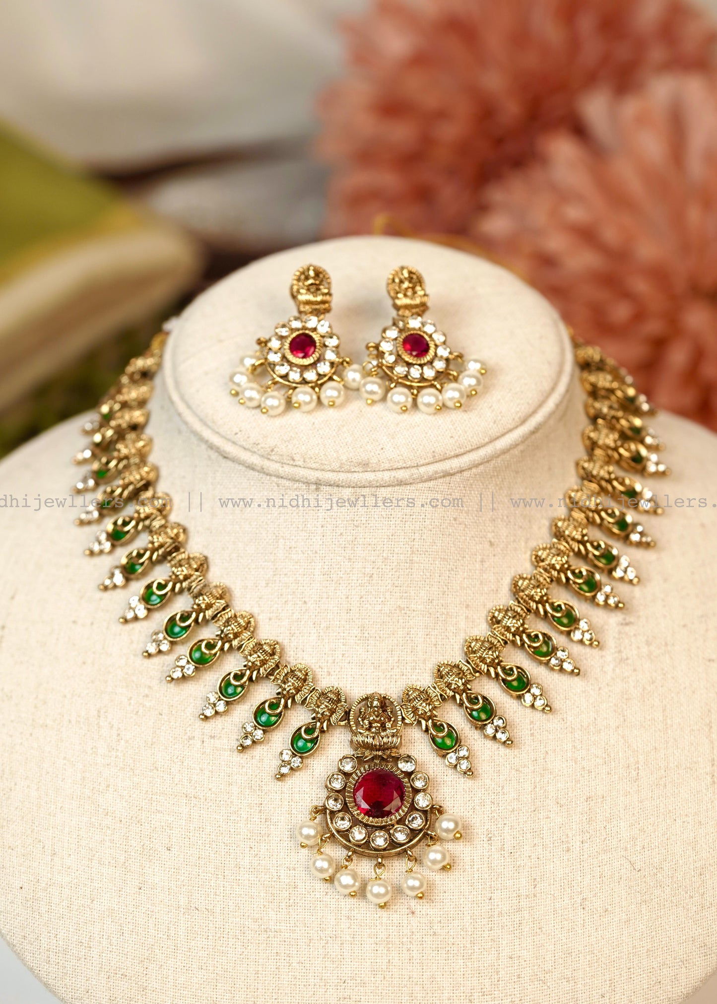Antique Ganapathy Palakka Temple Necklace Set (with Earrings)