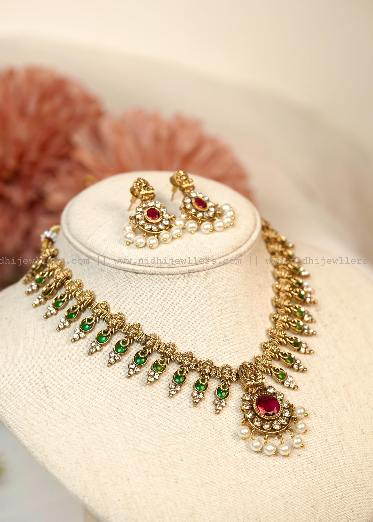 Antique Ganapathy Palakka Temple Necklace Set (with Earrings)