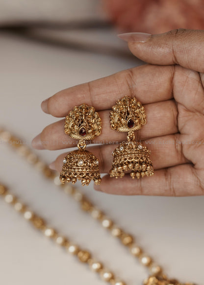 Antique Matte Ganesha Temple Pendant Pearl Mala Set with Jhumkas