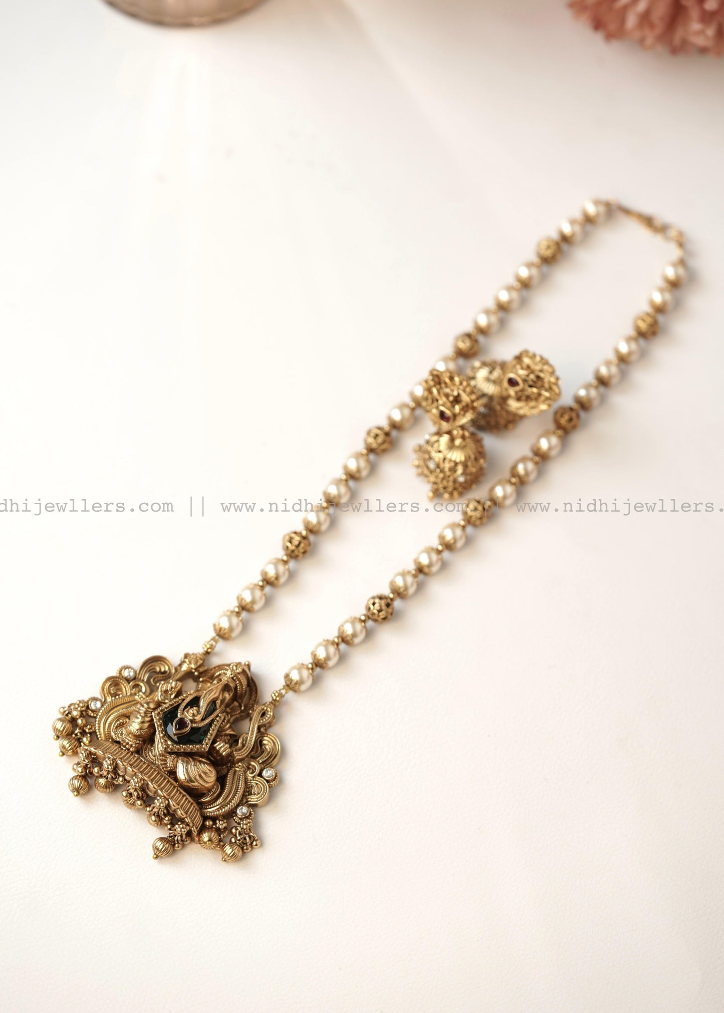 Antique Matte Ganesha Temple Pendant Pearl Mala Set with Jhumkas