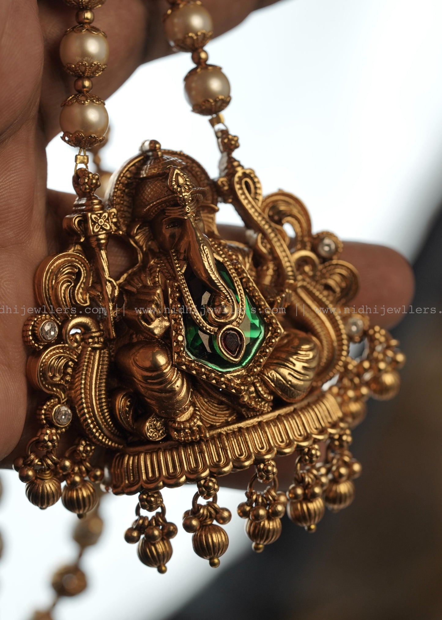 Antique Matte Ganesha Temple Pendant Pearl Mala Set with Jhumkas