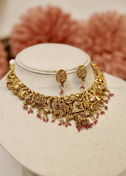 Antique Goddess Lakshmi Temple Choker Set with Matching Studs - Devika