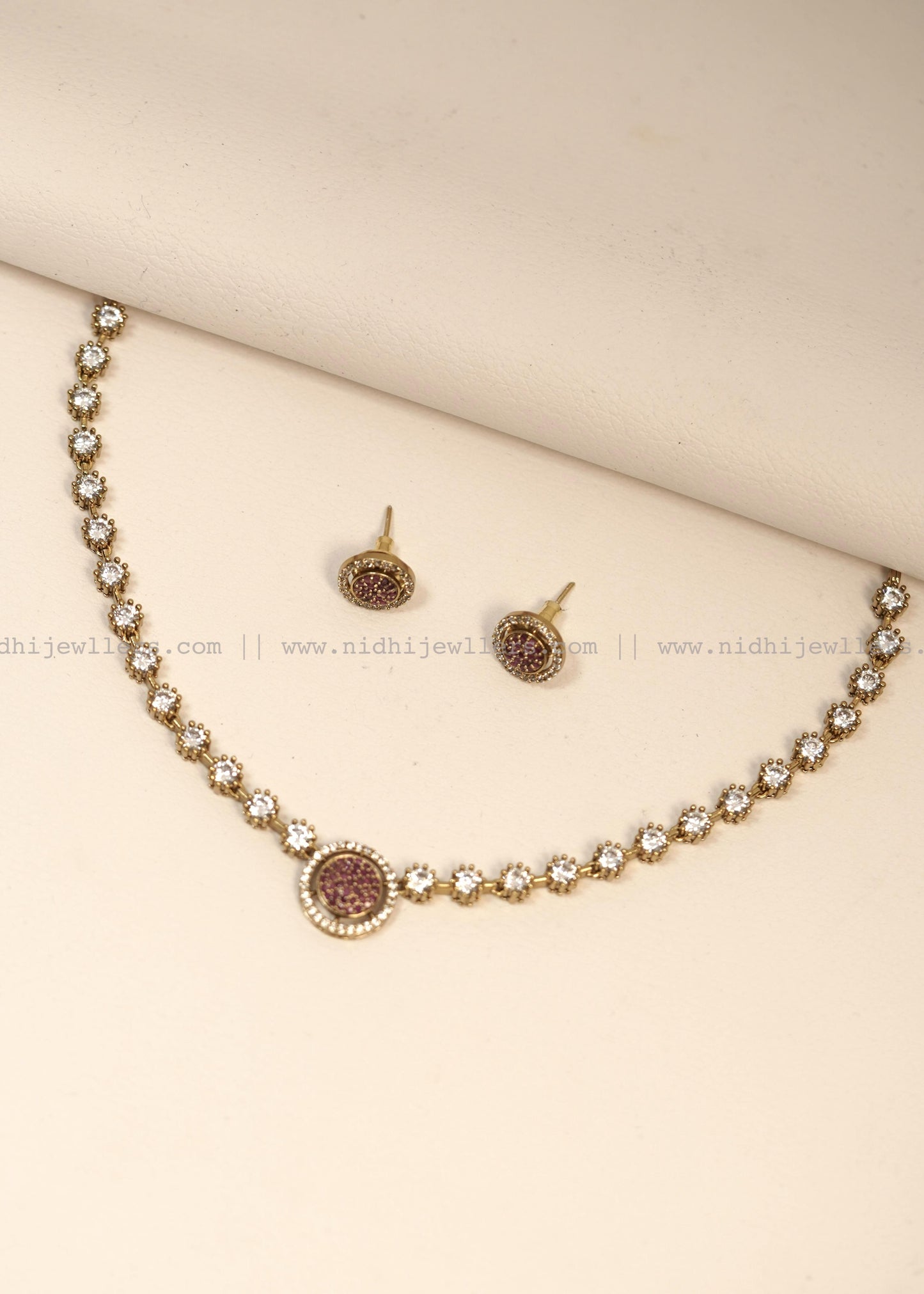 Minimalist Circular Ruby-Pink Crystal Necklace Set (with Studs) -Kaveri