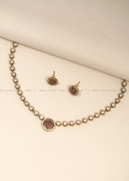 Minimalist Circular Ruby-Pink Crystal Necklace Set (with Studs) -Kaveri