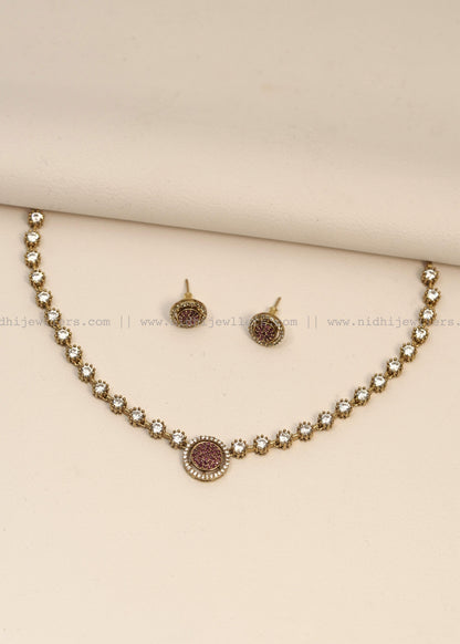 Minimalist Circular Ruby-Pink Crystal Necklace Set (with Studs) -Kaveri