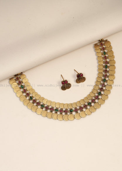 Antique Double-Row Kasu Coin Choker Set (with Earrings)