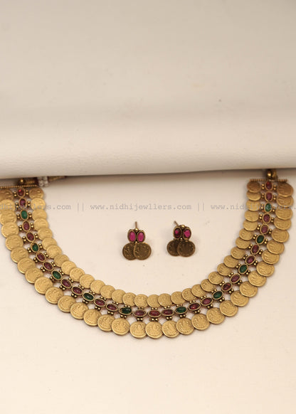 Antique Double-Row Kasu Coin Choker Set (with Earrings)