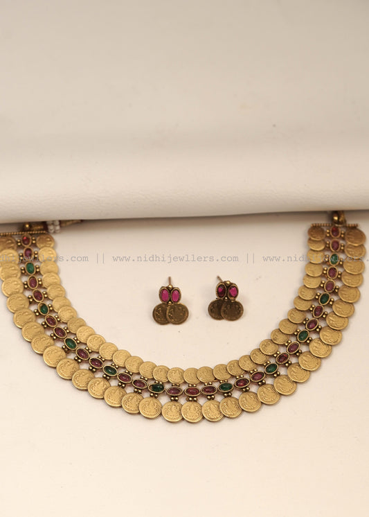 Antique Double-Row Kasu Coin Choker Set (with Earrings)