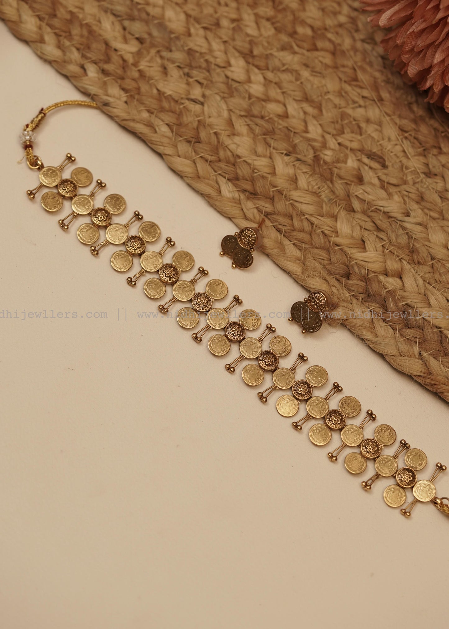 Antique Pure Gold-Tone Structural Kasu Choker Set (with Earrings)-Kanti