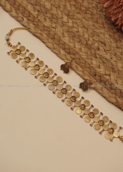 Antique Pure Gold-Tone Structural Kasu Choker Set (with Earrings)-Kanti