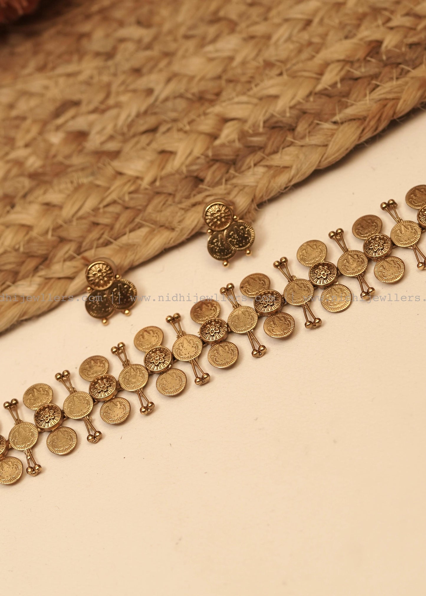 Antique Pure Gold-Tone Structural Kasu Choker Set (with Earrings)-Kanti