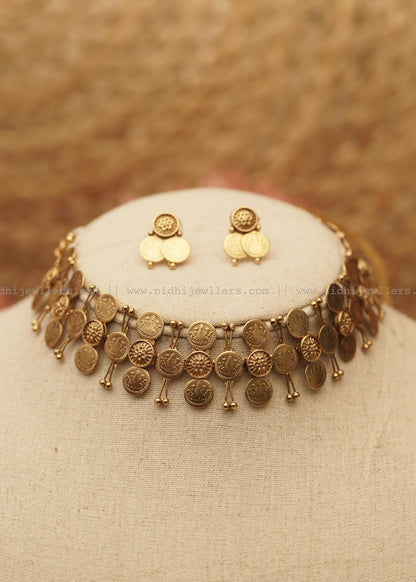 Antique Pure Gold-Tone Structural Kasu Choker Set (with Earrings)-Kanti